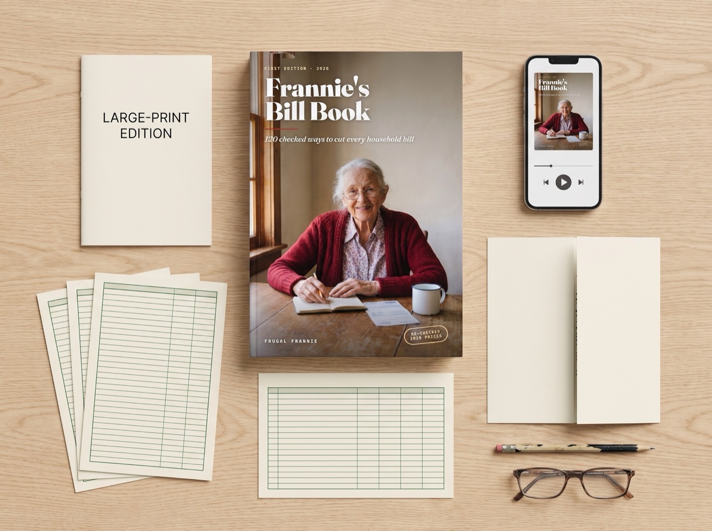 The six files: book, large-print edition, audio on a phone, price sheets, quick-start and ledger